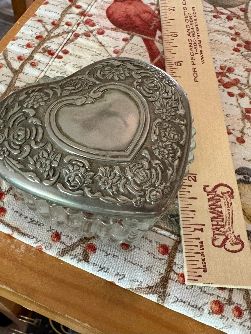 Heart-Shaped Glass Jewelry Trinket Box with Decorative Metal Lid - Silver plated